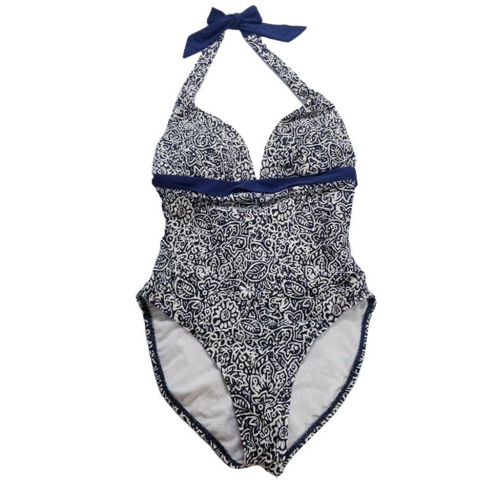 Beach Bay Floral One Piece Women Size 8 Blue Cream.